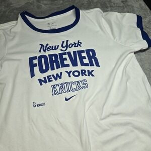 Nike New York Knicks T Shirt Mens XL White Blue NBA Dri Fit Ringer Tee Basketbal
